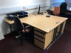 2 Pod Beech Effect Desks with 2no. Pedestals, 2no. Mobile Office Armchairs & Monitor