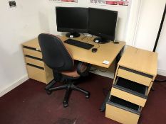 Beech Effect Desk, Mobile Office Armchair, 2no. 3 Drawer Pedestals & 2no. Viewsonic Monitors as