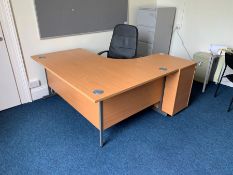 Beech Effect Workstation with 3-Drawer Pedestal & Mobile Office Arm Chair, Lot Located In; MAIN