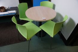 Circular Laminate Top Canteen Table 750 mm dia with 4no. Green Plastic Chairs, Lot is Located Main