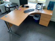 Oak Effect Work Station with Desk Height 3-Drawer Pedestal & Bookcase, Lot Located In; MAIN