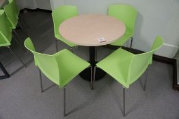 Circular Laminate Top Canteen Table 750 mm dia with 4no. Green Plastic Chairs, Lot is Located Main