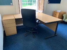 Beech Effect Workstation with 2-Drawer Pedestal & Mobile Office Arm Chair, Lot Located In; MAIN