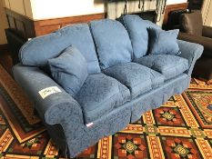 Blue Fabric Three Seater Sofa, Lot is Located in Main Building, Ground Floor, Stairwell, Please
