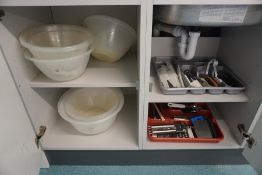 Contents of Cupboard Comprising; Various Plastic Mixing Bowls and Utensils, Lot Located in Block: