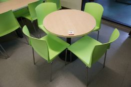 Circular Laminate Top Canteen Table 750 mm dia with 4no. Green Plastic Chairs, Lot is Located Main