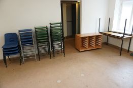 21no. Various Stacking Stools, 4no. Blue Plastic Stacking Chairs, Timber Tray Storage Unit and