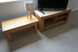 Timber Television Stand, Timber Coffee Table and Table Top Lamp as Lotted, Lot Located in Block: 1