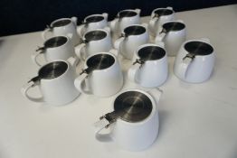 13no. Stackable White Porcelain Tea Pots with Hinged Metal Lids