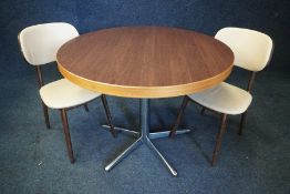 Circular Metal Frame Timber Top Table 1000mm dia with 2no. Timber Frame Cream Faux Leather Chairs,