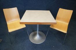 Square Metal Frame Grey Timber Top Table 700 x 700mm with 2no. Metal Frame Timber Chairs, Photograph