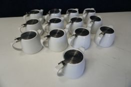 13no. Stackable White Porcelain Tea Pots with Hinged Metal Lids