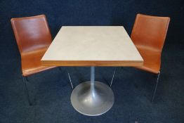 Square Metal Frame Grey Timber Top Table 700 x 700mm with 2no. Metal Frame Brown Leather Chairs,