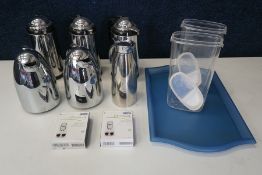5no. Various Tea/Coffee Vacuum Flasks, 1no. Flask, 2no. Storage Containers, 2no. DeLonghi Eco Decalk