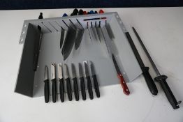 Quantity of Various Kitchen Knives, 3no. Knife Sharpeners and Wall Hung Knife Rack