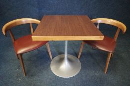 Square Metal Frame Timber Top Table 700 x 700mm with 2no. Timber Frame Maroon Faux Leather Chairs,