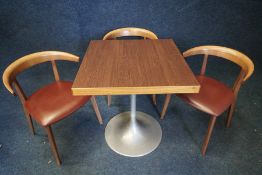 Square Metal Frame Timber Top Table 700 x 700mm with 3no. Timber Frame Maroon Faux Leather Chairs,