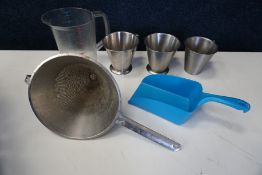 Pack of Various Kitchen Items Comprising; Commercial Seive, 3no. Stainless Steel Jugs, 3.8L