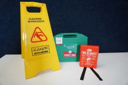 First Aid Kit, Cleaning In Progress Sign & Fire Blanket