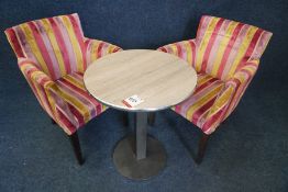 2no. Decorative Armchairs and Circular Metal Frame Timber Effect Top Table 600mm dia