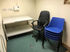 Square Cutting Table on Wheels, Mobile Office Armchair & 5no. Stacking Chairs