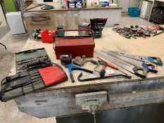 Various Workshop Tools Comprising; 3no. Saws, Toolbox, Chrome bar etc.