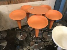5no. Orange Height Adjustable Stools & Height Adjustable Table 550mm Dia, Please Note: Buyer Must be