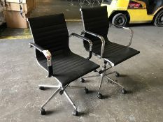 2no. Chrome Framed Faux Leather Mobile Office Armchairs, Note: 1no. Requires new Bolts Please