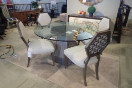 A.R.T. Furniture 54" Round Geode Bluff Base Glass Top Dining Table w/ 4 Druzy Dining Chairs.