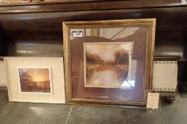 Lot of Framed 32" Square Metamorphasis Picture and Framed 25"x19" Sunset Picture.