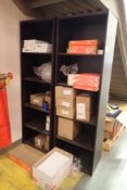 Lot of 2 Shelving Cabinets, Paper, Tape, POS Machine Ribbon Rolls, etc.