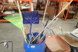 Lot of Asst. Rakes, Snow Shovels, Pitchfork, etc.