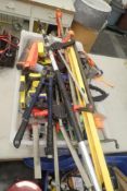 Lot of Asst. Clamps, Tape Measures, Levels, Bolt Cutters, Stapler, Hacksaw, etc.