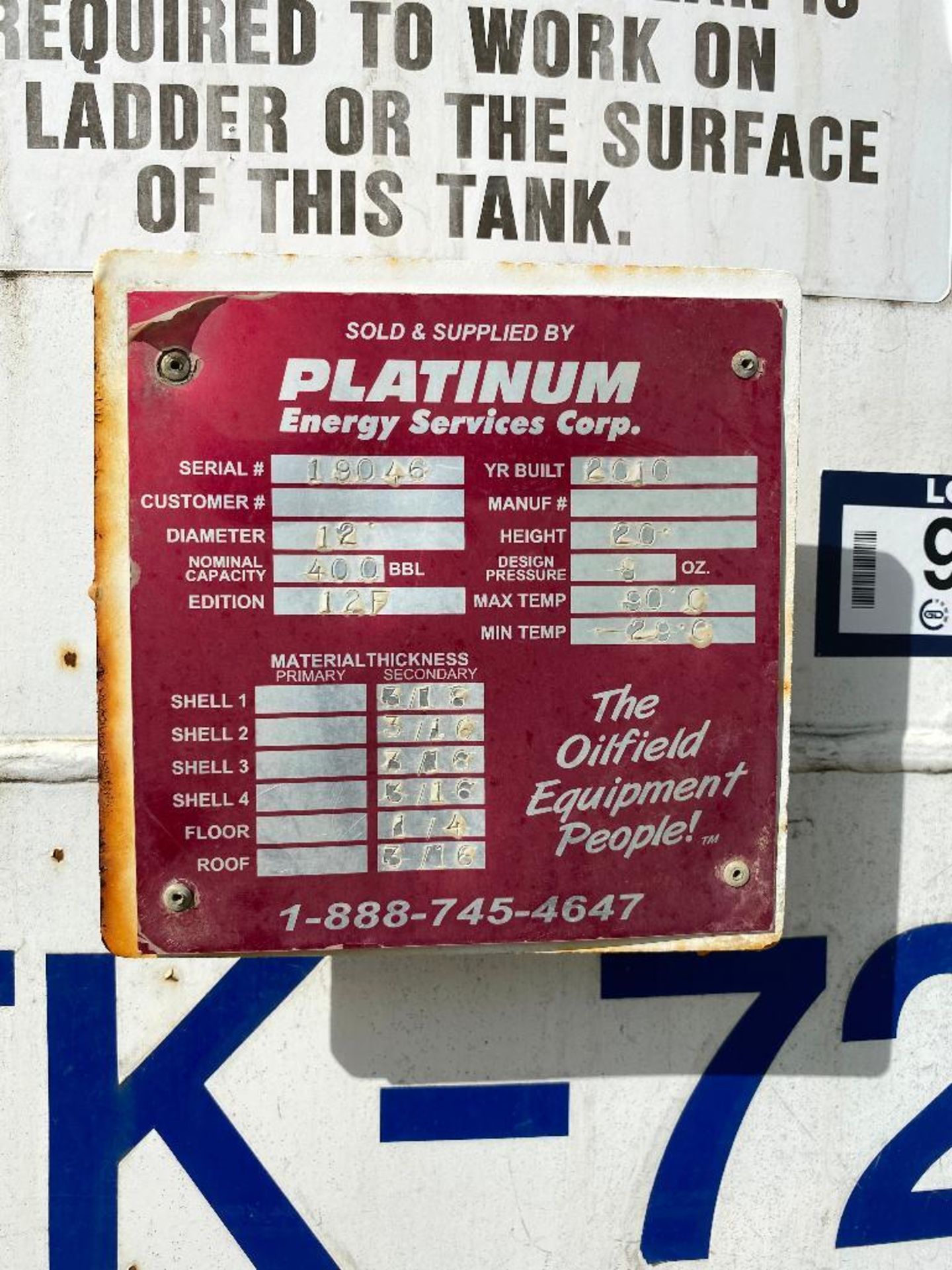 2010 Platinum Energy 20' X 12' 400BBL Tank Serial: 19046 - Image 2 of 2