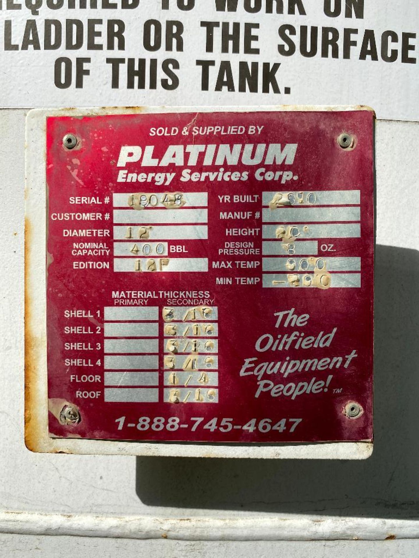 2010 Platinum Energy 20' X 12' 400BBL Tank Serial: 18048 - Image 2 of 2
