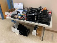 Lot of Asst. Folding Plastic Table and Contents including File Organizers, Pens, Staplers, Clipboard