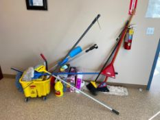 Lot of Asst. Cleaning Supplies including Mop Bucket, Mops, Brooms, Tissue Paper, etc.