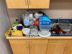 Lot of Asst. Dishes, Mugs, Cups, Plastic Containers, BBQ Utensils, Dish Clots, etc.