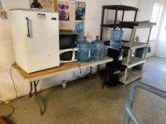 Lot of Fridge, (2) Microwaves, (2) Plastic Shelves, Water Cooler, Plastic Folding Table, etc.