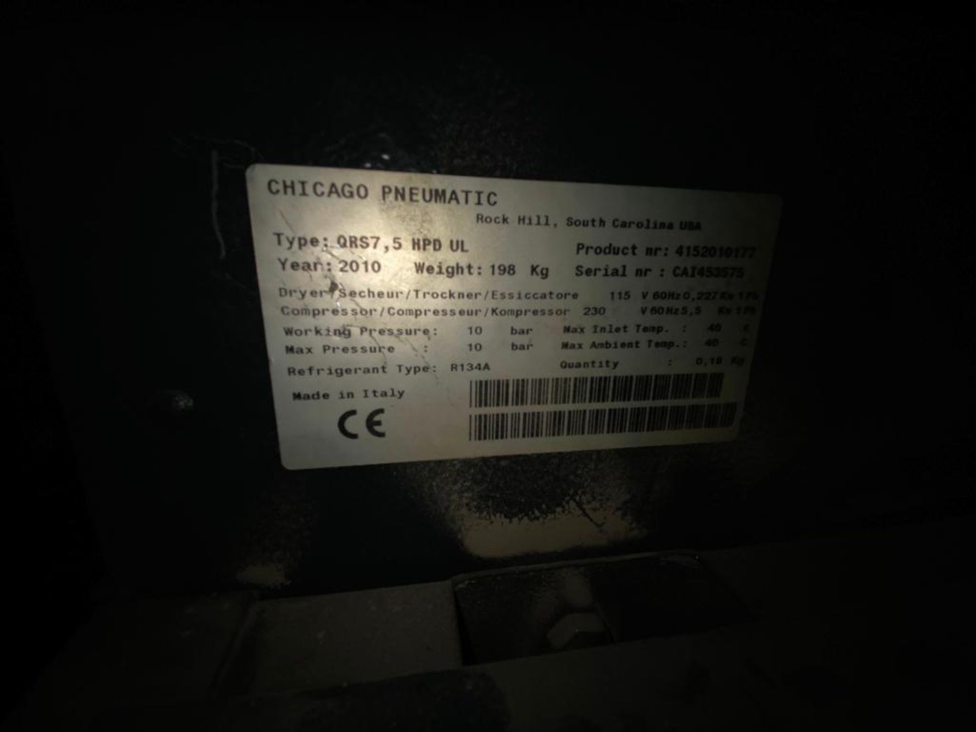 2010 Chicago Pneumatic QRS 7.5 Compressor (Must be removed by Oct. 20th at Noon) - Image 2 of 2