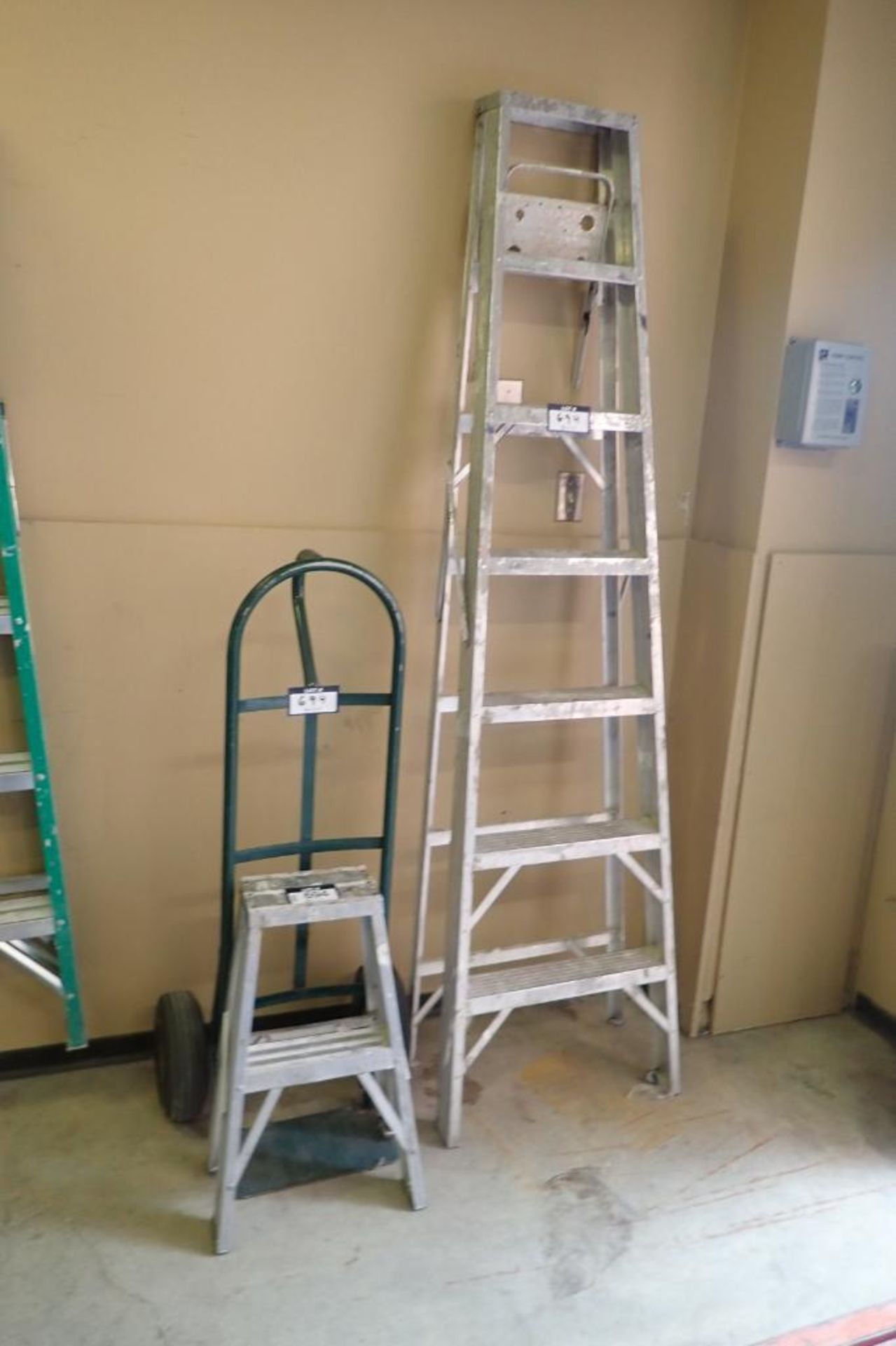 Lot of Aluminum 6' Step Ladder, 2' Step Ladder and 2-Wheel Hand Truck.