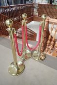 Lot of 3 Brass Stanchions with 2 Braided Satin Ropes.