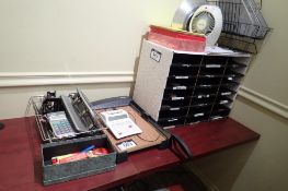 Lot of Paper Cutter, Calculators, Asst. Office Supplies, Mail Sorting Cabinet, Paper Trays, etc.-USE