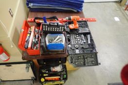 Lot of Stanley Mobile Work Centre, Black & Decker Cordless Drill- NO CHARGER, Asst. Handtools, Screw