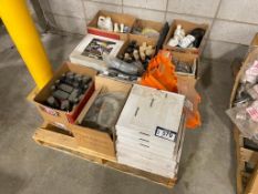 Pallet of Asst. including Disk Brake Rotors, Cleaning Fluids, Arm Rest Covers, Alternator, Belts, et