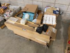 Pallet of Asst. Cleaning Supplies including Brooms, Hand Gel, Mop Heads, Cloths, etc.