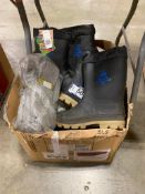 Box of (4) Pairs of Asst. Steel Toed Rubber Boots, Insoles, etc.