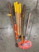 Lot of Slow/Stop Road Sign, (5) Asst. Handles, Winch Pry Bar, Sledge Hammer, etc.