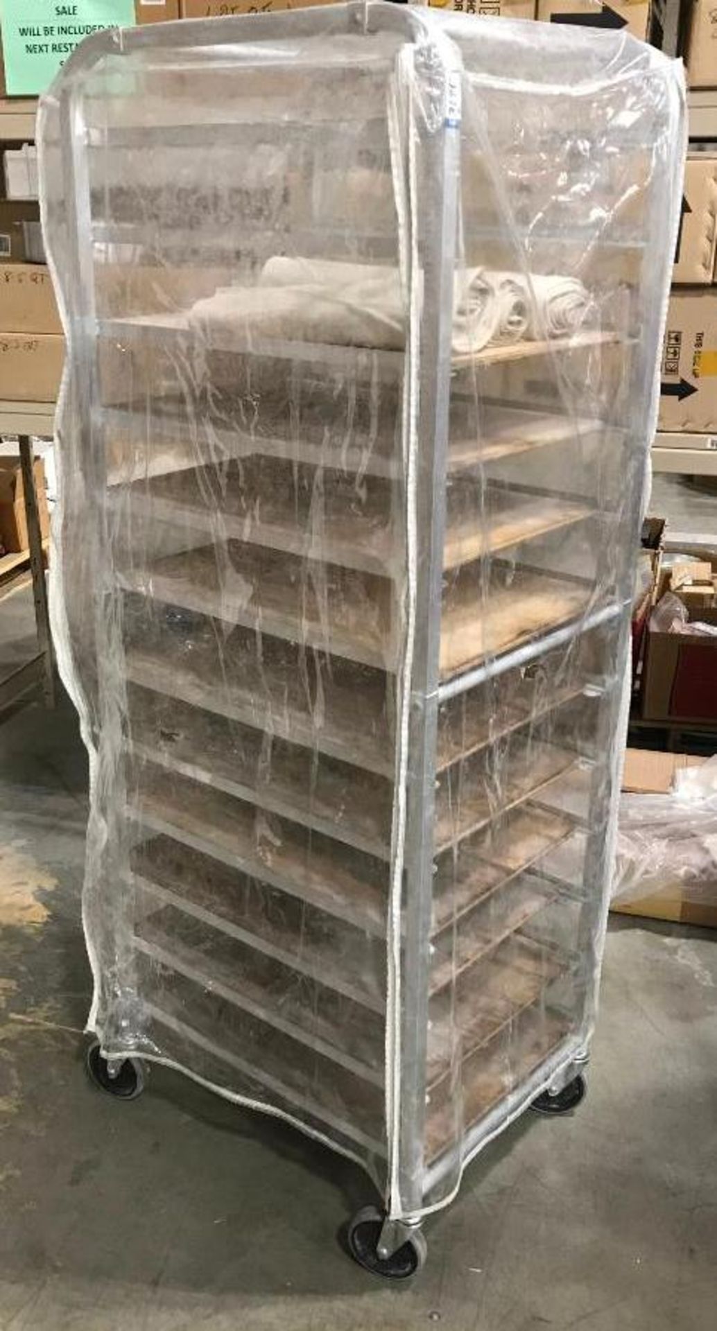 12 TIER MOBILE PAN RACK WITH 10 WOODEN PROOFING BOARDS & 3 BAKERS COUCHE - Image 5 of 5