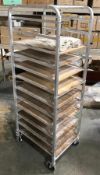 12 TIER MOBILE PAN RACK WITH 10 WOODEN PROOFING BOARDS & 3 BAKERS COUCHE